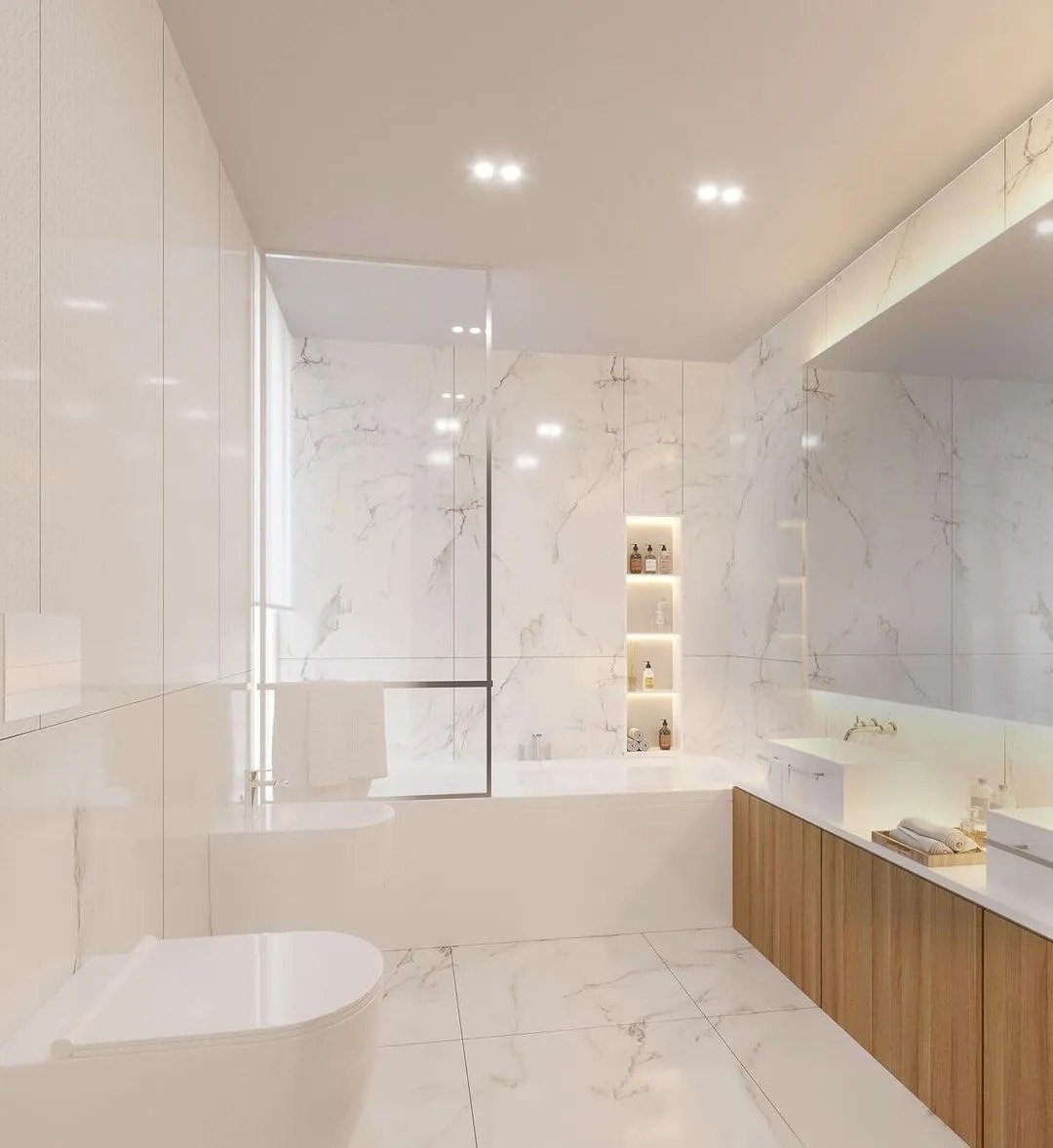 Render de casa de banho em mármore branco com banheira