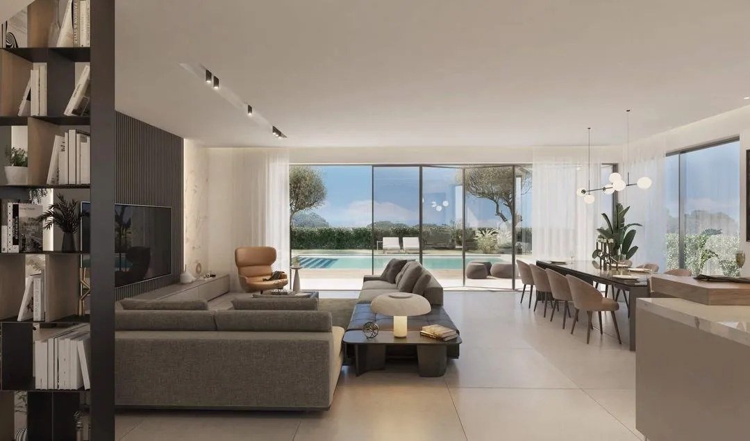 Render da cozinha com ilha e zona de refeições