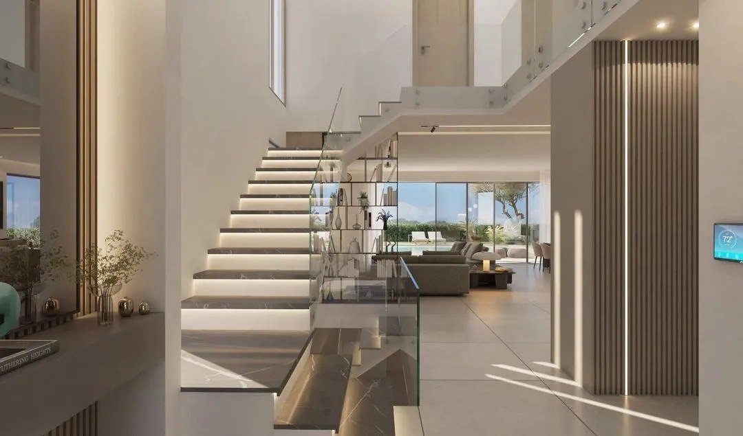Render da sala de estar aberta para a piscina