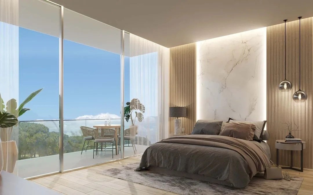 Render de quarto com varanda e vista para o jardim