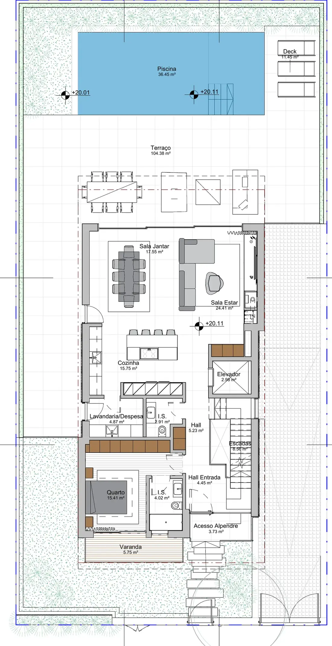 Planta do rés-do-chão: sala, cozinha, quarto, terraço e piscina